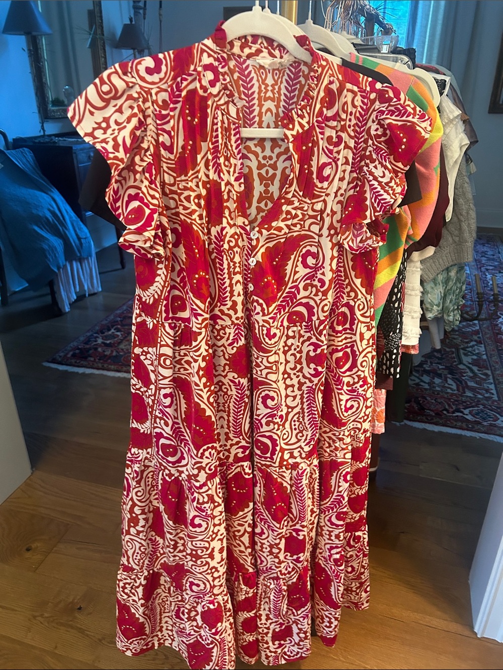 entro Red and White Printed Midi Dress with Flutter Sleeves